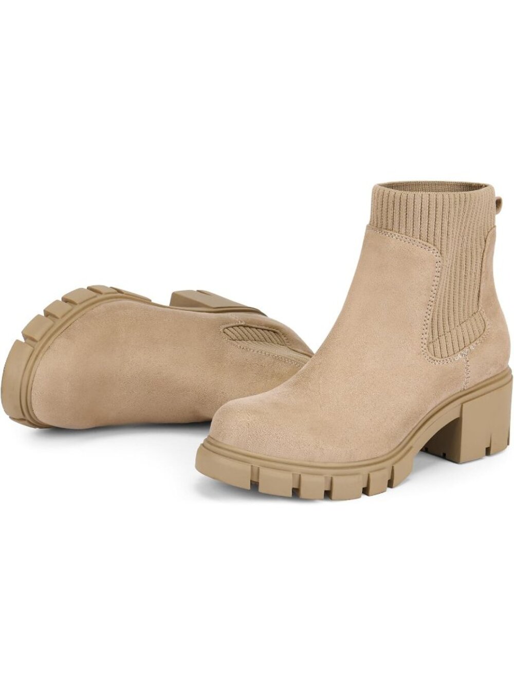 Women's Beige Suede Chelsea Ankle Chunky Heel Lug Sole Comfy Booties